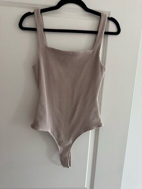 By Together Ribbed Square Neck Bodysuit in Beige